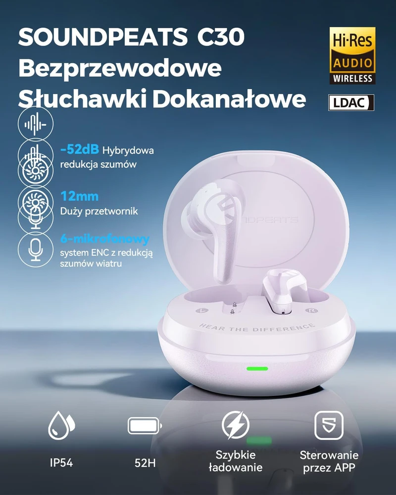 SoundPEATS Bluetooth ausinės su ANC 52 dB, Hi-Res Audio, LDAC, 12 mm garsiakalbiais, C30 modelis
