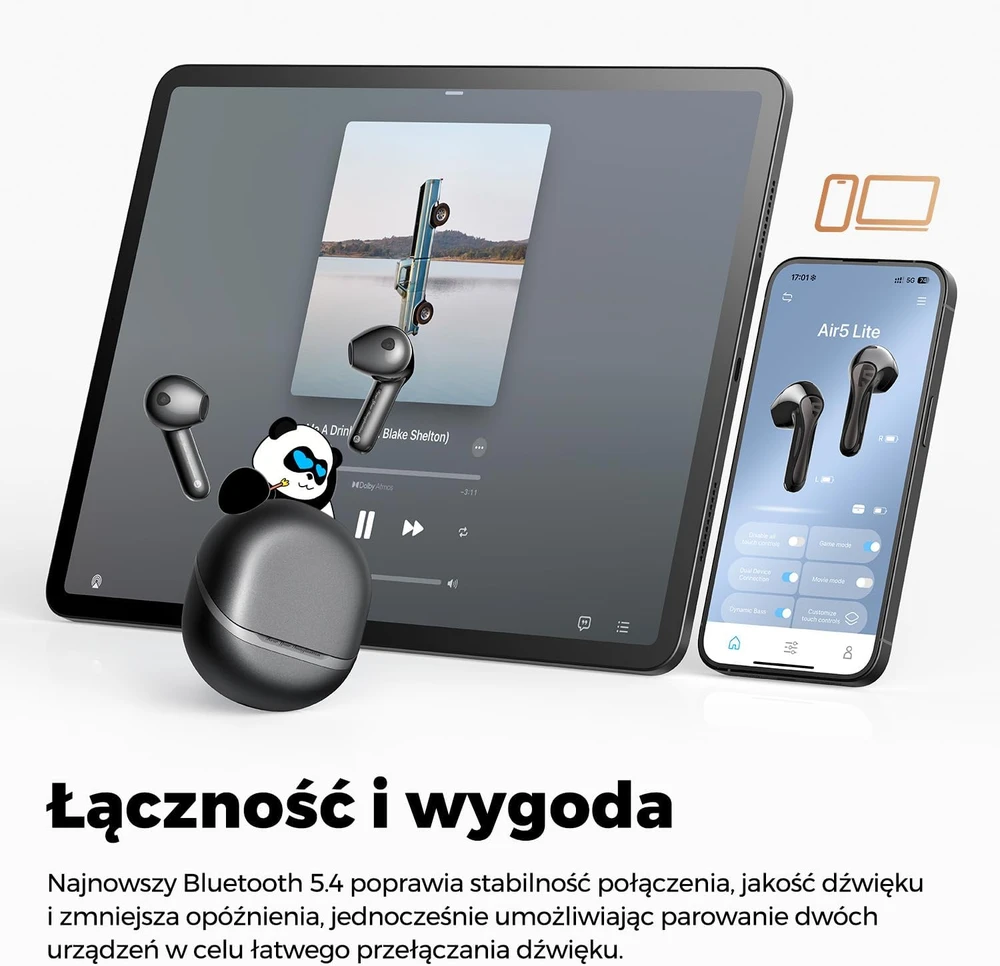 SoundPEATS pusiau į ausis įdedamos belaidės ausinės Bluetooth 5.4 su LDAC Air5 Lite
