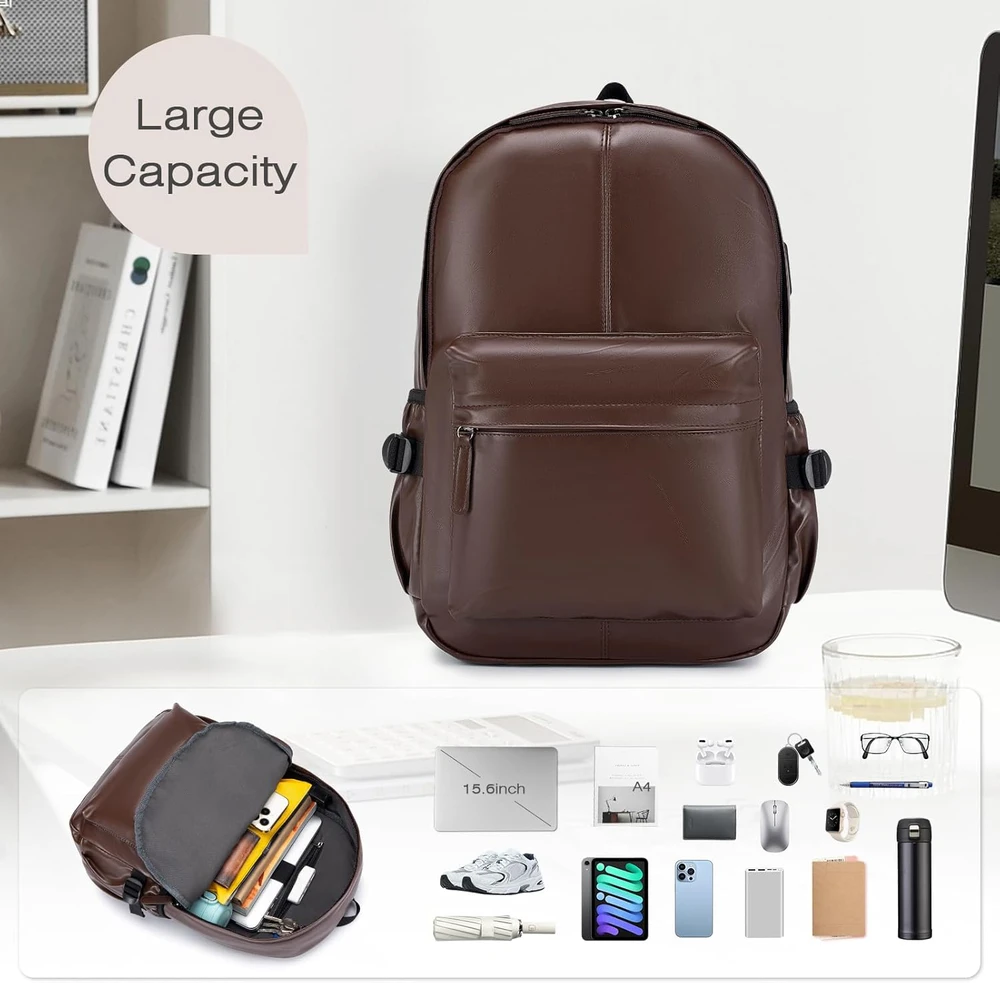 SPAHER dirbtinės odos kuprinė su USB, 25 l, 40 x 30 x 20 cm, nešiojamam kompiuteriui 15,6 colio, 1B030-PU-Brown