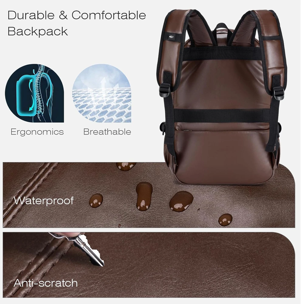 SPAHER dirbtinės odos kuprinė su USB, 25 l, 40 x 30 x 20 cm, nešiojamam kompiuteriui 15,6 colio, 1B030-PU-Brown