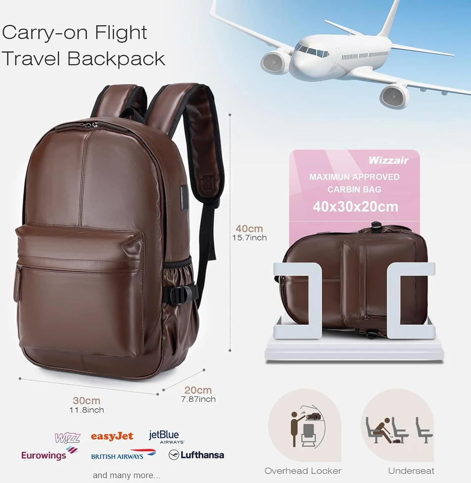 SPAHER dirbtinės odos kuprinė su USB, 25 l, 40 x 30 x 20 cm, nešiojamam kompiuteriui 15,6 colio, 1B030-PU-Brown