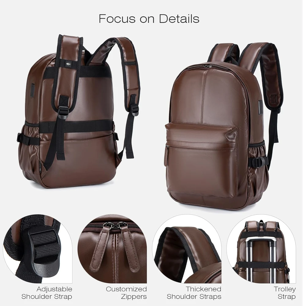 SPAHER dirbtinės odos kuprinė su USB, 25 l, 40 x 30 x 20 cm, nešiojamam kompiuteriui 15,6 colio, 1B030-PU-Brown