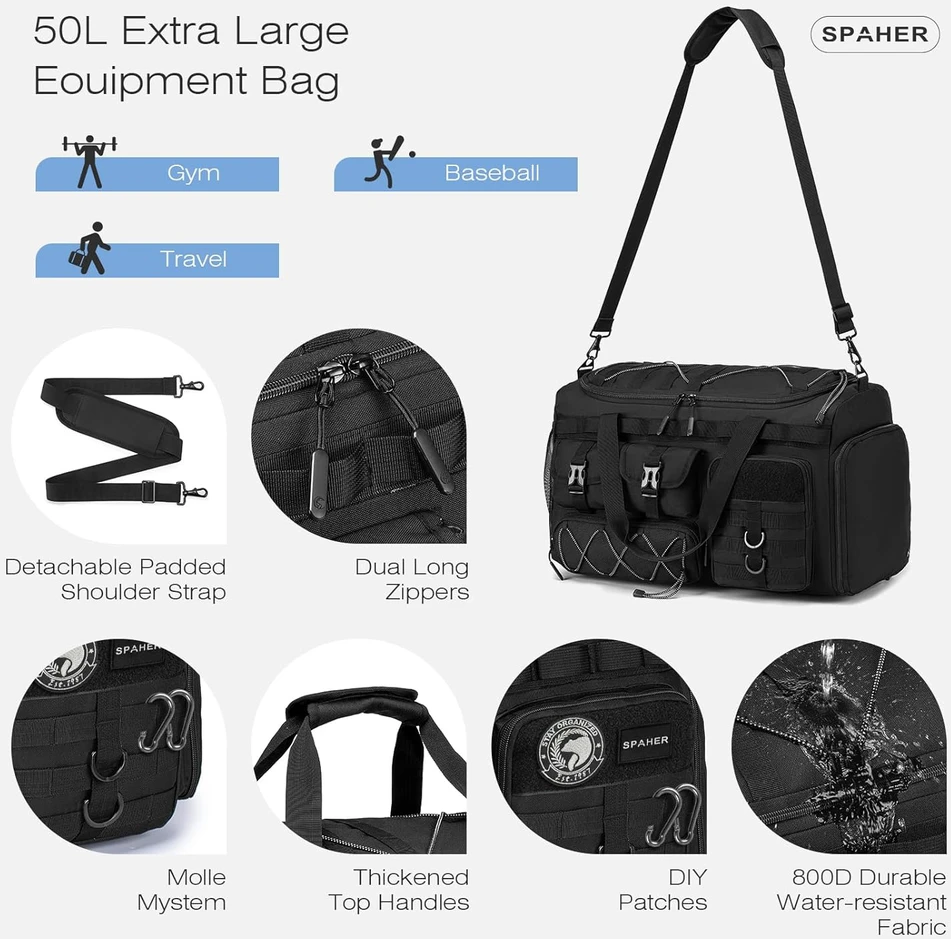 SPAHER sportinė rankinė–kuprinė 3 in 1, 50 l, 55 x 35 x 25 cm, daug skyrių, modelis 1B993