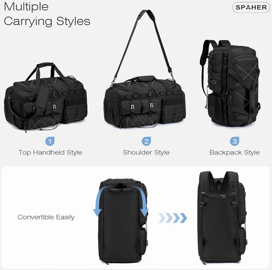 SPAHER sportinė rankinė–kuprinė 3 in 1, 50 l, 55 x 35 x 25 cm, daug skyrių, modelis 1B993