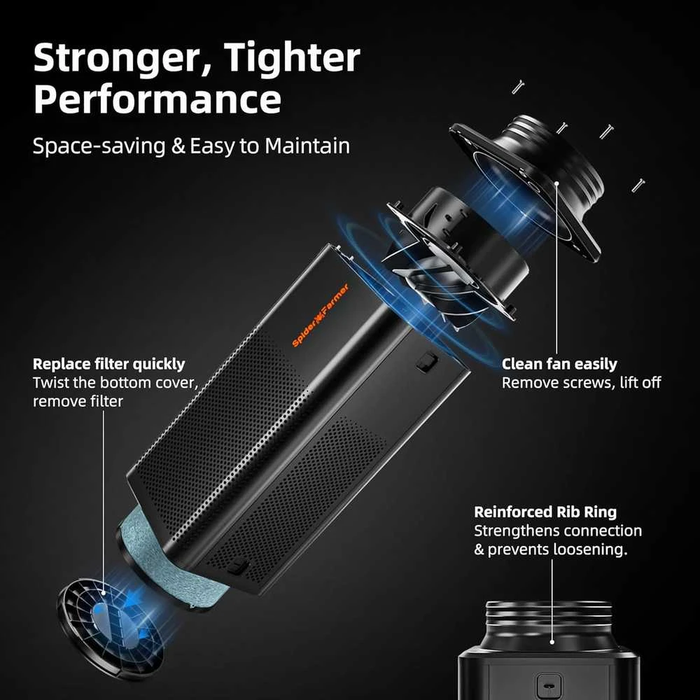 Ventiliatorius Spider Farmer 150 mm ventiliacijos sistema su Wi‑Fi GGS valdymu ir aktyvintosios anglies filtru, SF-FanFilter Pro