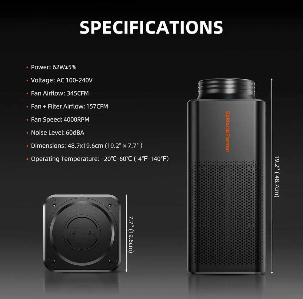 Ventiliatorius Spider Farmer 150 mm ventiliacijos sistema su Wi‑Fi GGS valdymu ir aktyvintosios anglies filtru, SF-FanFilter Pro