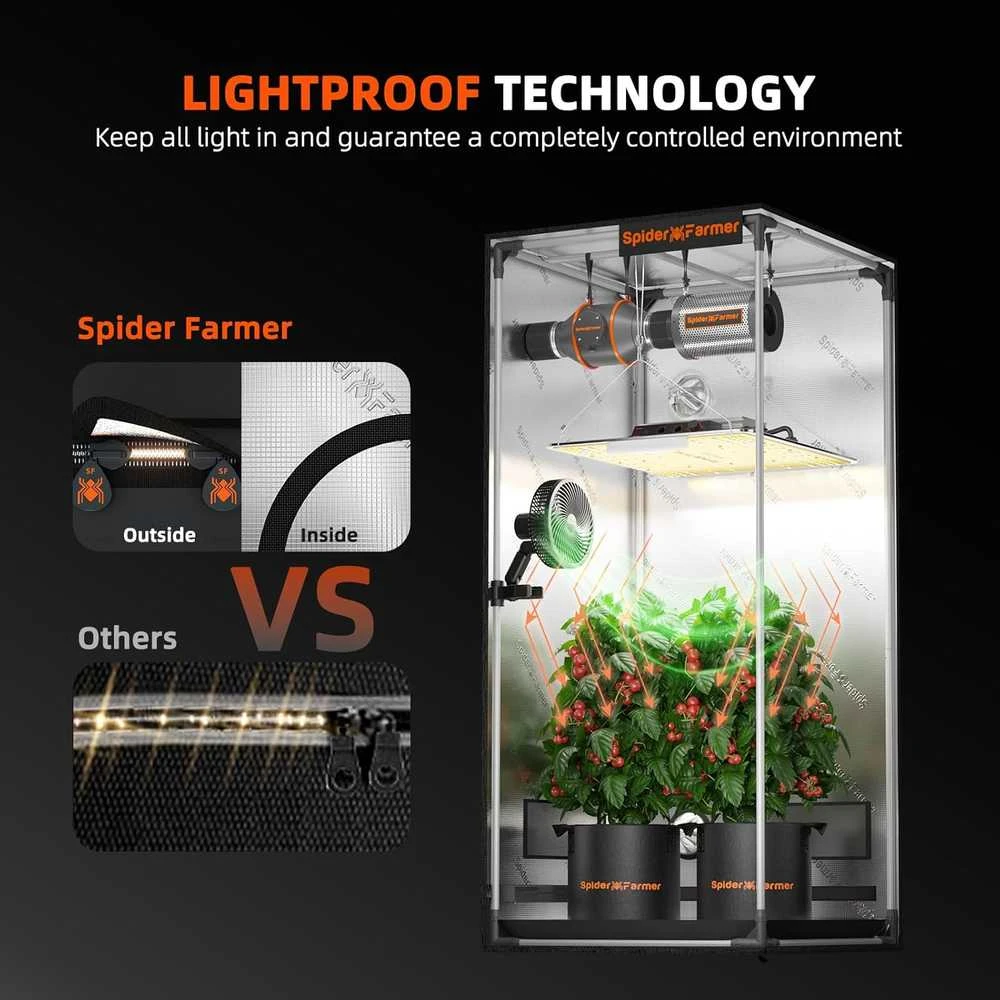 Spider Farmer augalų auginimo palapinė su langeliu ir nuimamu padėklu, 60 × 60 × 120 cm, 1680D audinys, vidinis Mylar atspindys