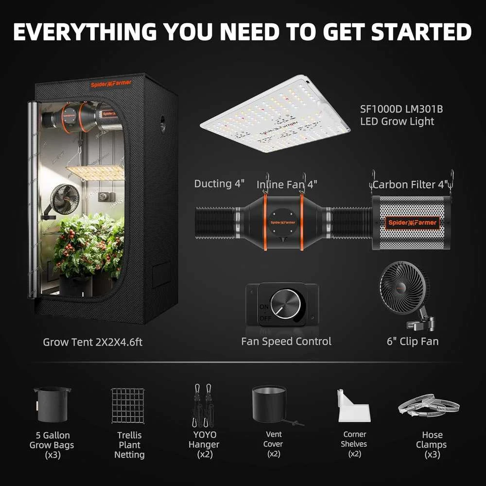 Spider Farmer LED augalų auginimo rinkinys su pilnu spektru, 100 W, 60 × 60 × 140 cm, SF1000-D