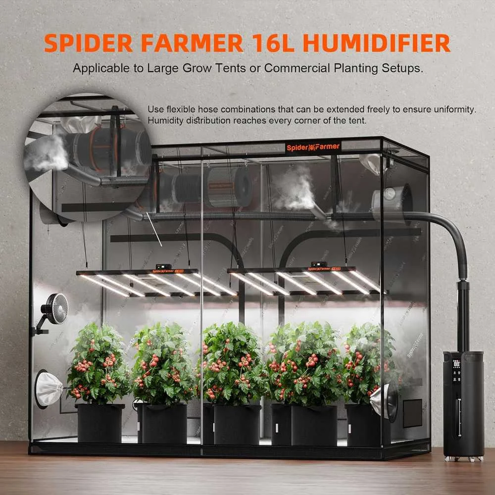 Spider Farmer oro drėkintuvas augalams su 16 l talpa, reguliuojama drėgmė, 90 W, su laikmačiu ir 4 žarnomis
