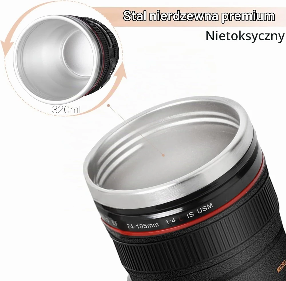 Splend termopuodelis fotoaparato objektyvo formos, 320 ml, nerūdijantis plienas, MUG-001_SML
