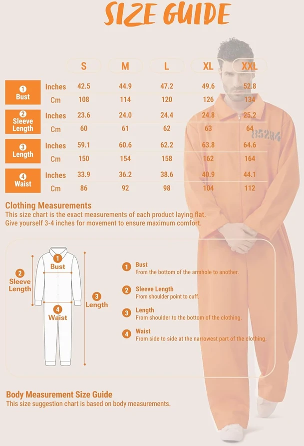Spooktacular Creations vyriškas kalinio kombinezonas su užtrauktuku, oranžinis, XL, 21176-XL