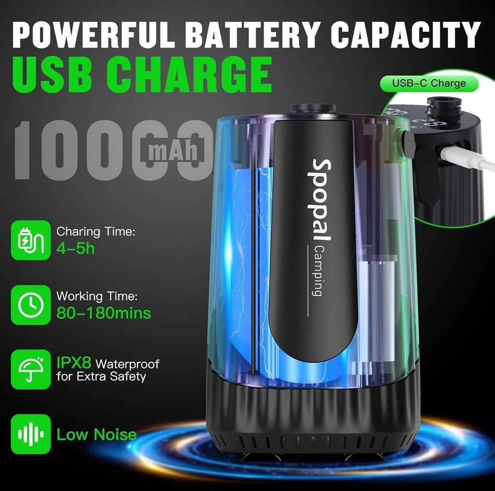 Spopal įkraunama nešiojama dušo pompa su 10000 mAh baterija ir priedais kempingui DEBCS2