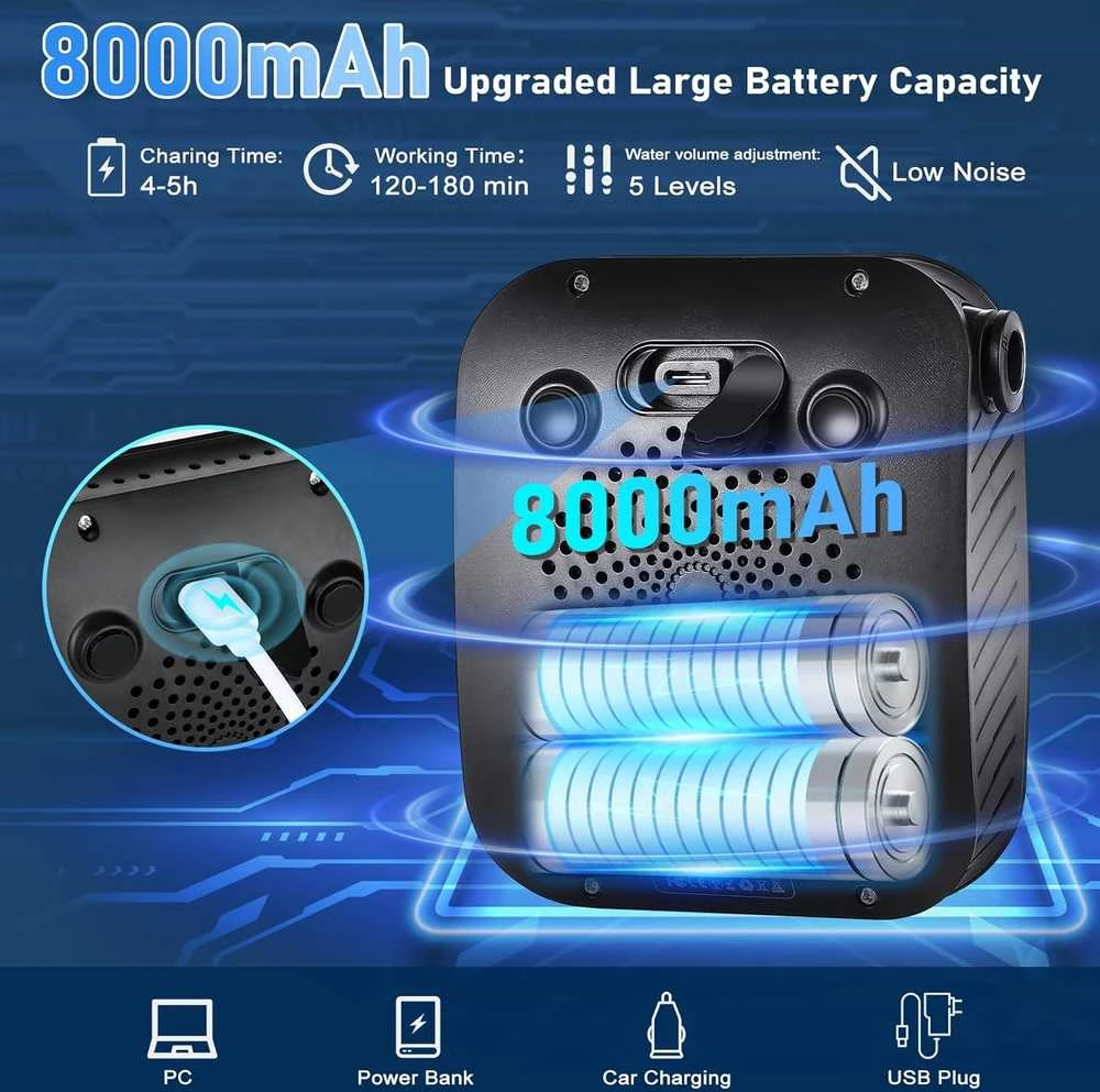 Spopal nešiojamas dušas stovyklavimui su 8000 mAh baterija, LED ekranu ir 2 m žarna, DEBCS3