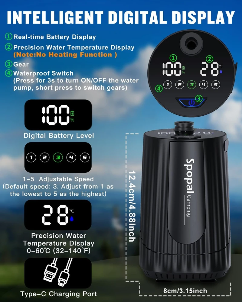 Spopal nešiojamas dušo komplektas, 10000 mAh akumuliatorius, 19 l talpos bakas, 2 m žarna, IPX8