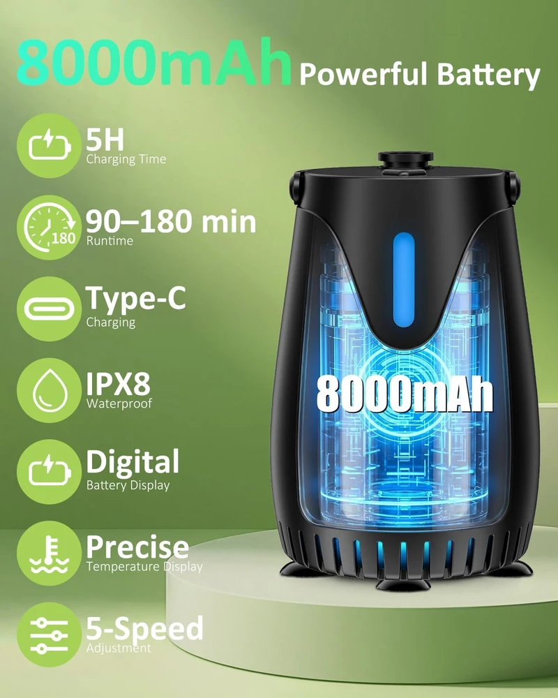 Spopal nešiojamas dušo prietaisas su LED apšvietimu, 10000 mAh, IPX8, temperatūros rodymu