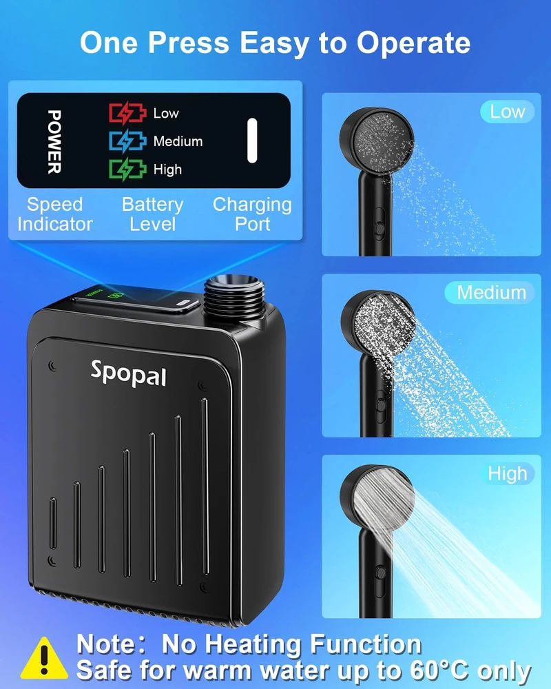 Spopal nešiojamas kempingo dušas, IPX8 atsparumas vandeniui, USB-C įkrovimas, 2 m žarna, 5000 mAh akumuliatorius, SPBDEBCS4-US