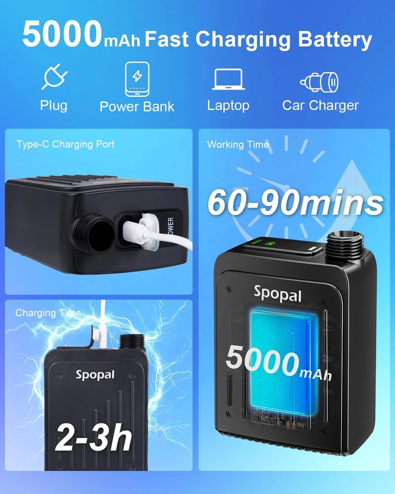 Spopal nešiojamas kempingo dušas, IPX8 atsparumas vandeniui, USB-C įkrovimas, 2 m žarna, 5000 mAh akumuliatorius, SPBDEBCS4-US