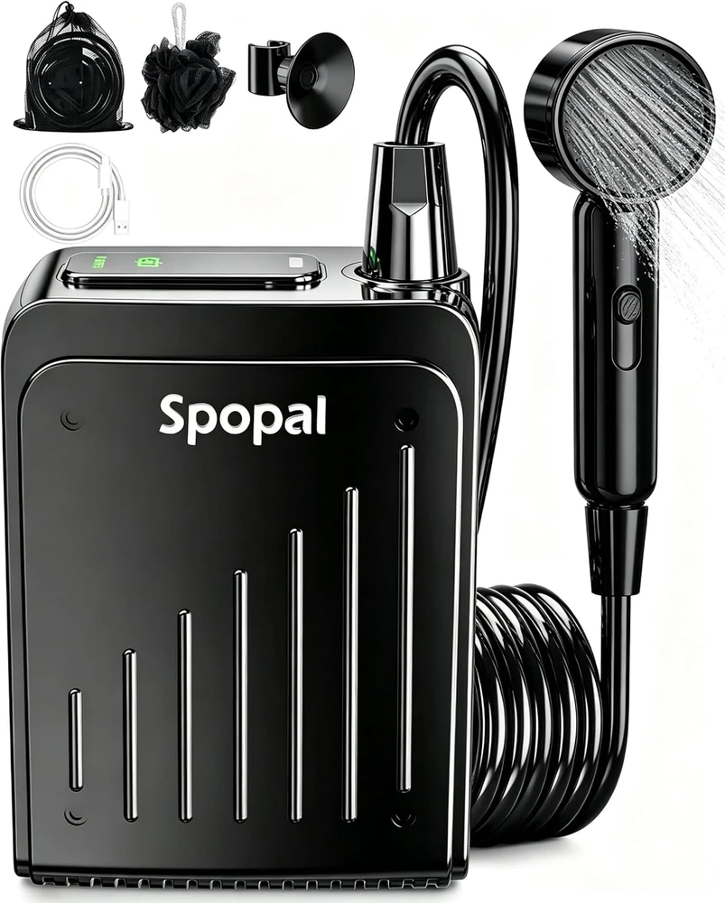 Spopal nešiojamas kempingo dušas, IPX8 atsparumas vandeniui, USB-C įkrovimas, 2 m žarna, 5000 mAh akumuliatorius, SPBDEBCS4-US