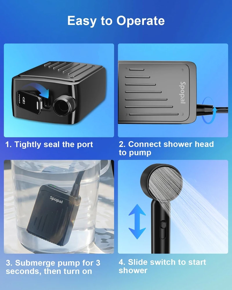 Spopal nešiojamas kempingo dušas, IPX8 atsparumas vandeniui, USB-C įkrovimas, 2 m žarna, 5000 mAh akumuliatorius, SPBDEBCS4-US
