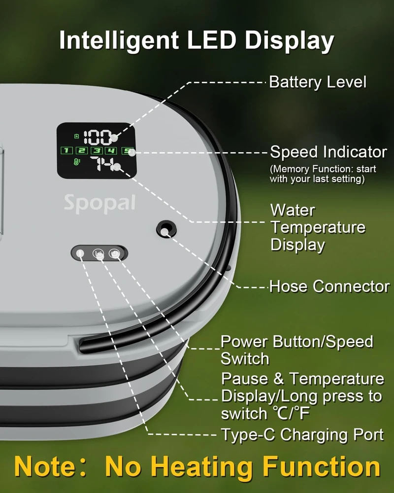 Spopal nešiojamas kempingo dušas su įmontuota pompa, LED ekranu, 20 l talpykla ir 13 000 mAh akumuliatoriumi
