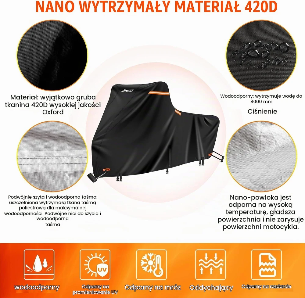 SRIMMIT motociklo uždangalas 420D, atsparus vandeniui ir UV, 2,44 x 1,1 x 1,4 m, HLCZ-2XL