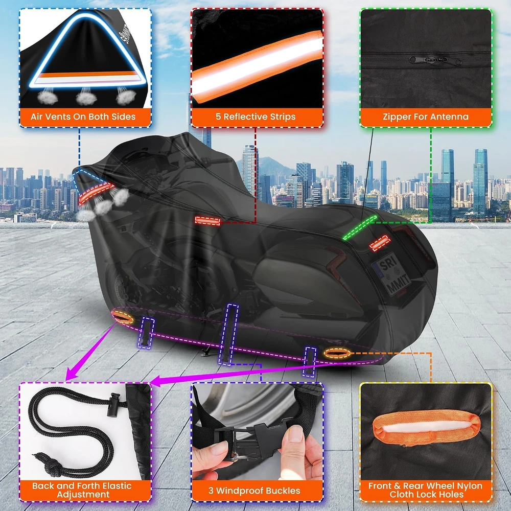 SRIMMIT motociklo uždangalas 420D, atsparus vandeniui ir UV, 2,44 x 1,1 x 1,4 m, HLCZ-2XL
