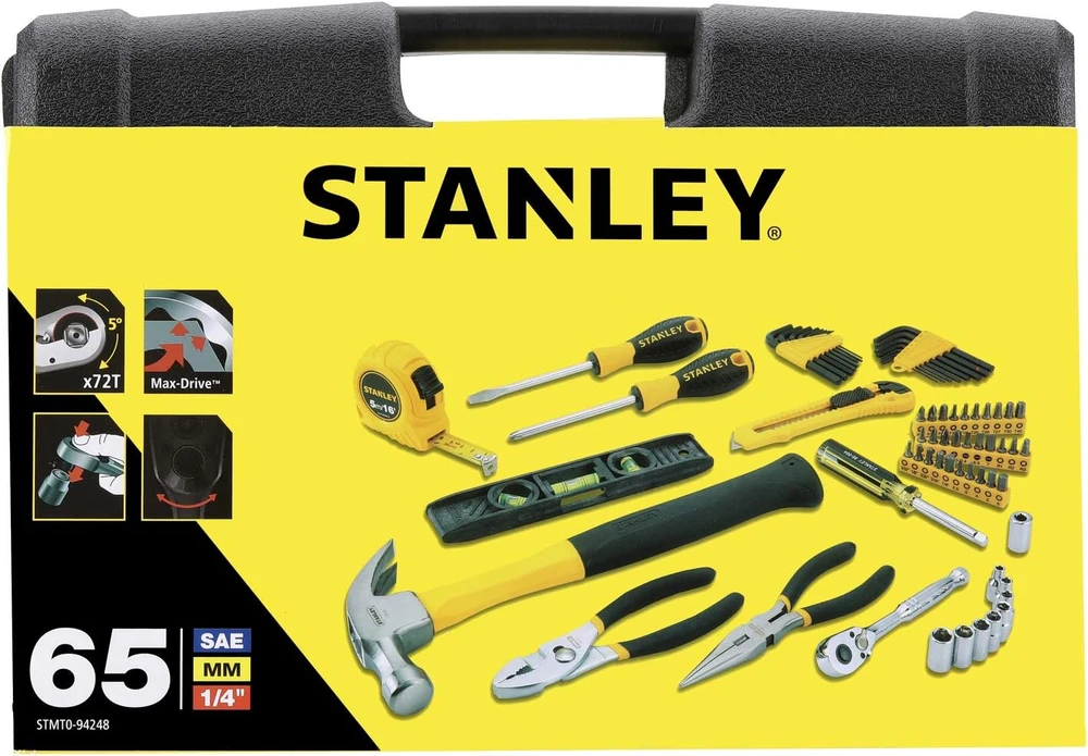 Stanley įrankių rinkinys 65 vnt su peiliu, matuokliu, plaktuku ir atsuktuvais, STMT0-94248