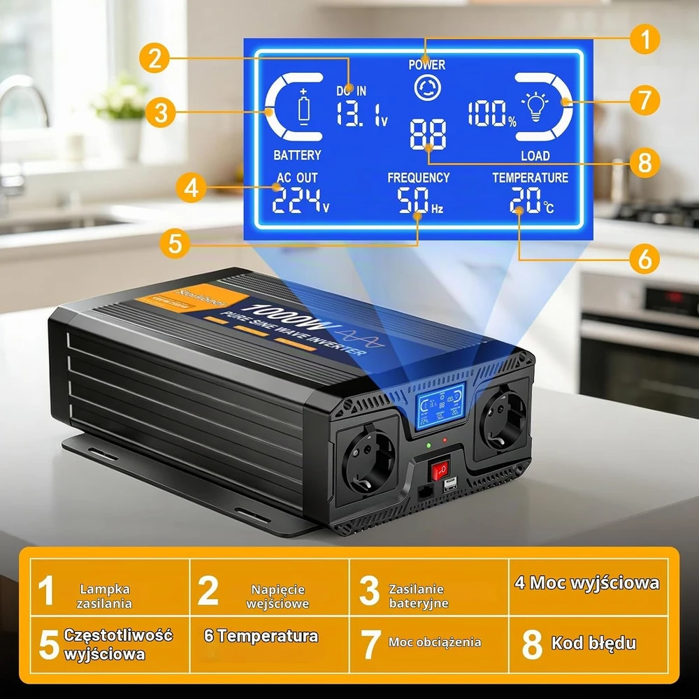 Starkbaer grynos sinusinės bangos įtampos keitiklis 12 V į 230 V 1000 W EU1000W12V