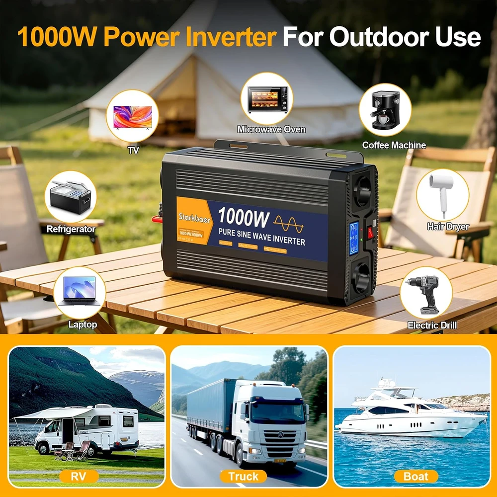 Starkbaer grynos sinusinės bangos įtampos keitiklis 12 V į 230 V 1000 W EU1000W12V