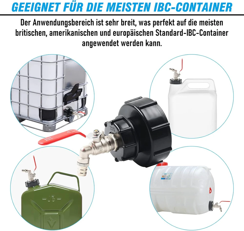 STEEIRO IBC vandens talpos vožtuvas, žalvarinis adapteris su S60x6 ir S100x8 stambiagijais sriegiais, 3/4 colio jungtis