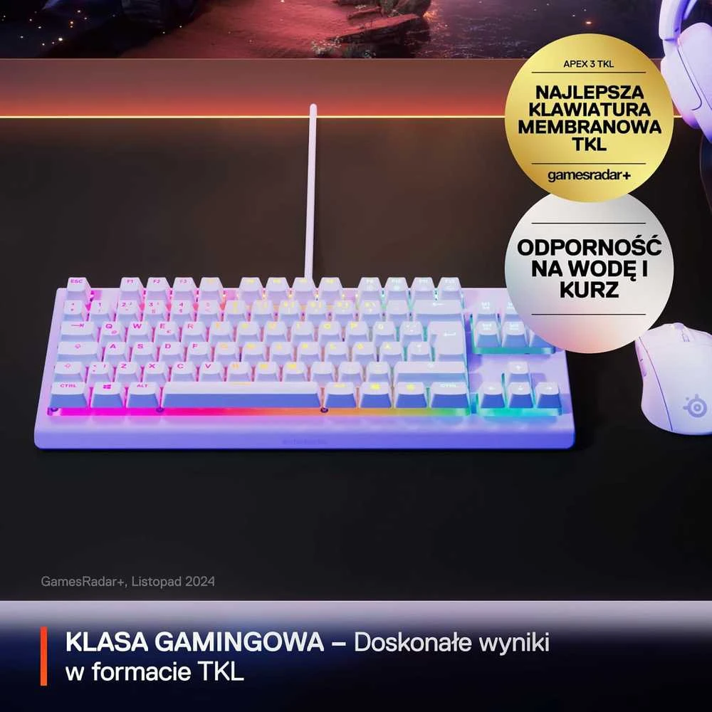 SteelSeries Apex 3 TKL žaidimų klaviatūra, lavandos spalvos, RGB, USB-C, UK išdėstymas