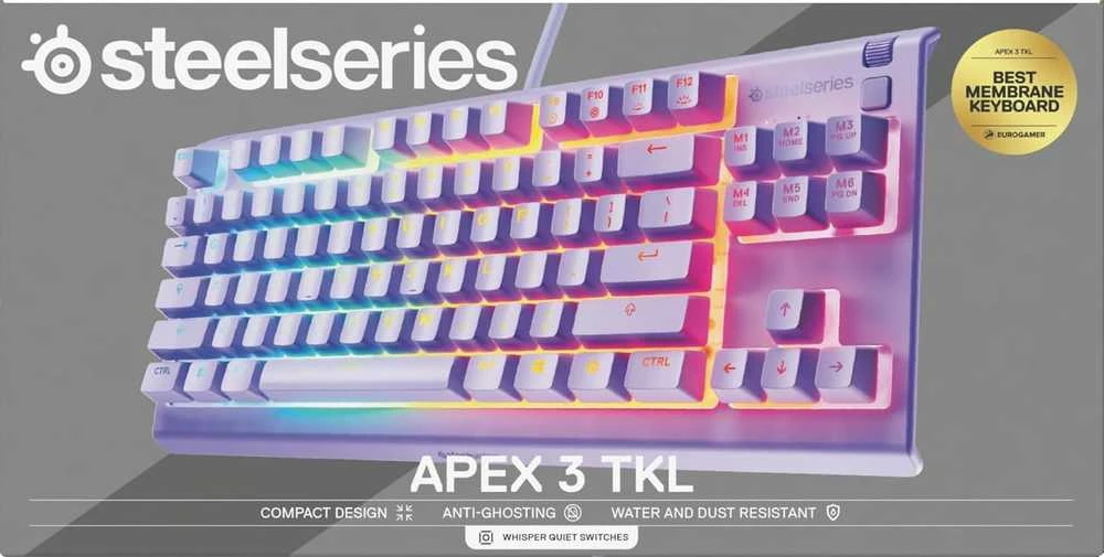 SteelSeries Apex 3 TKL žaidimų klaviatūra, lavandos spalvos, RGB, USB-C, UK išdėstymas