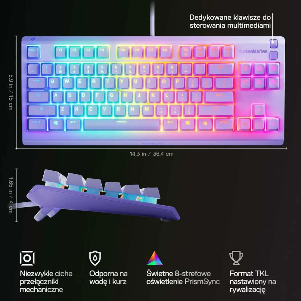 SteelSeries Apex 3 TKL žaidimų klaviatūra, lavandos spalvos, RGB, USB-C, UK išdėstymas