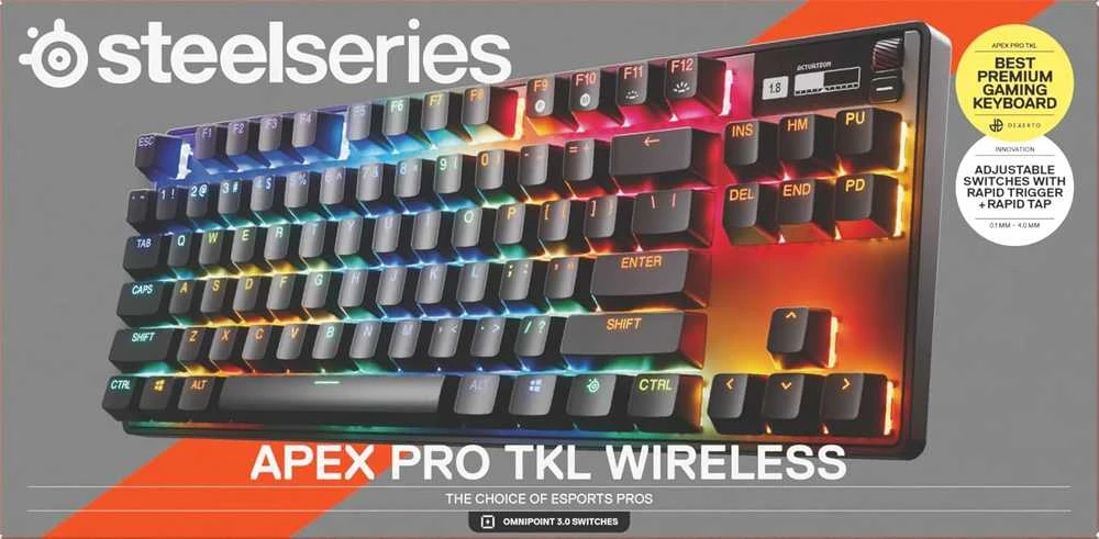 SteelSeries | Klaviatūra žaidimams | Apex Pro TKL Gen 3 | US išdėstymas | Bluetooth | Juodas | 2.4 GHz / Bluetooth/ su laidu | OmniPoint 3.0 Adjustable HyperMagnetic Switches | Belaidė jungtis