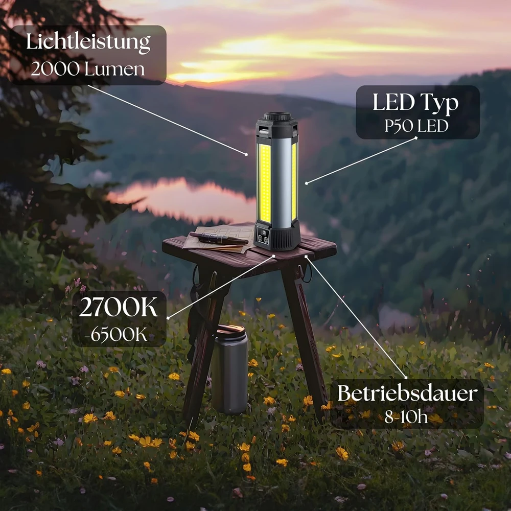 Steinborg daugiafunkcis LED žibintas 2000 lm, 6000 mAh, teleskopinis stovas SB-8200