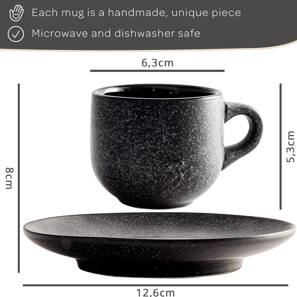 Steinzeit espresso puodelių ir lėkštelių rinkinys, keramika, 6 x 80 ml, rankų darbo, juoda
