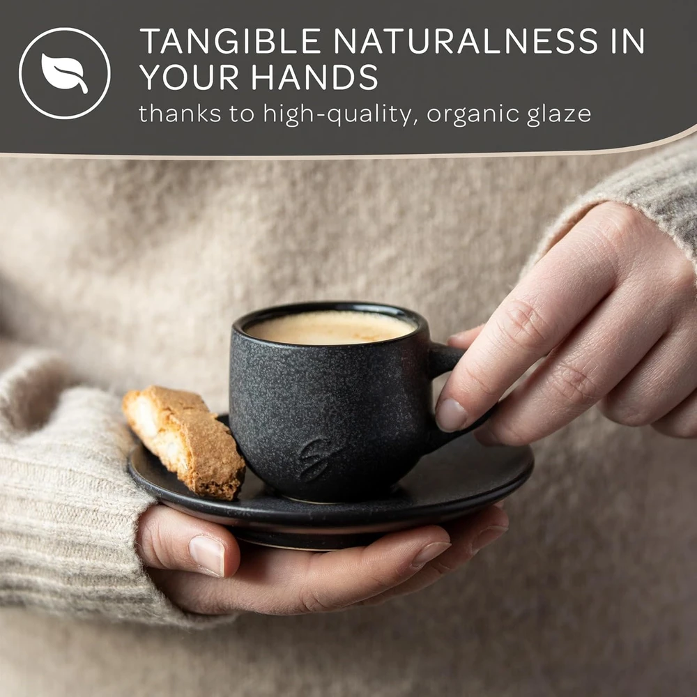 Steinzeit espresso puodelių ir lėkštelių rinkinys, keramika, 6 x 80 ml, rankų darbo, juoda