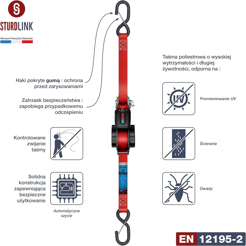 Sturdlink automatiniai įtempimo diržai su S kabliais, 5 m x 25 mm, 350 kg, rinkinys 4 vnt.