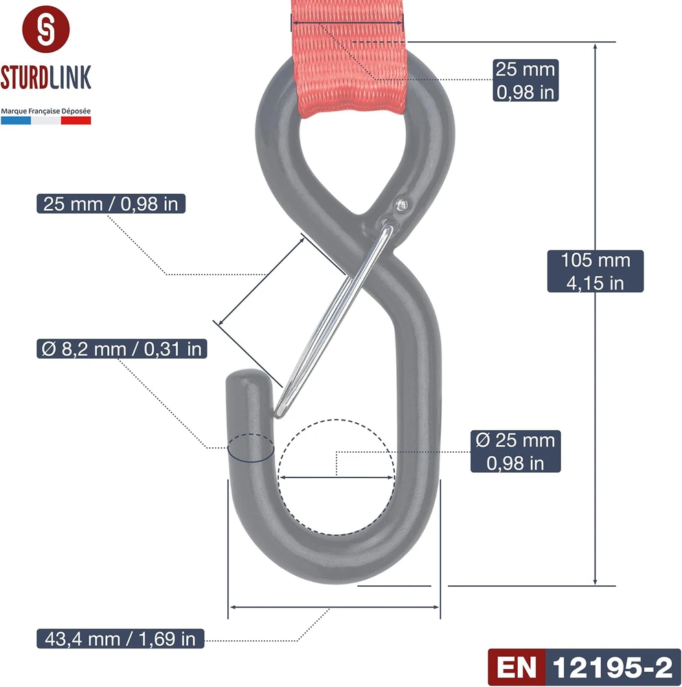 Sturdlink automatiniai įtempimo diržai su S kabliais, 5 m x 25 mm, 350 kg, rinkinys 4 vnt.