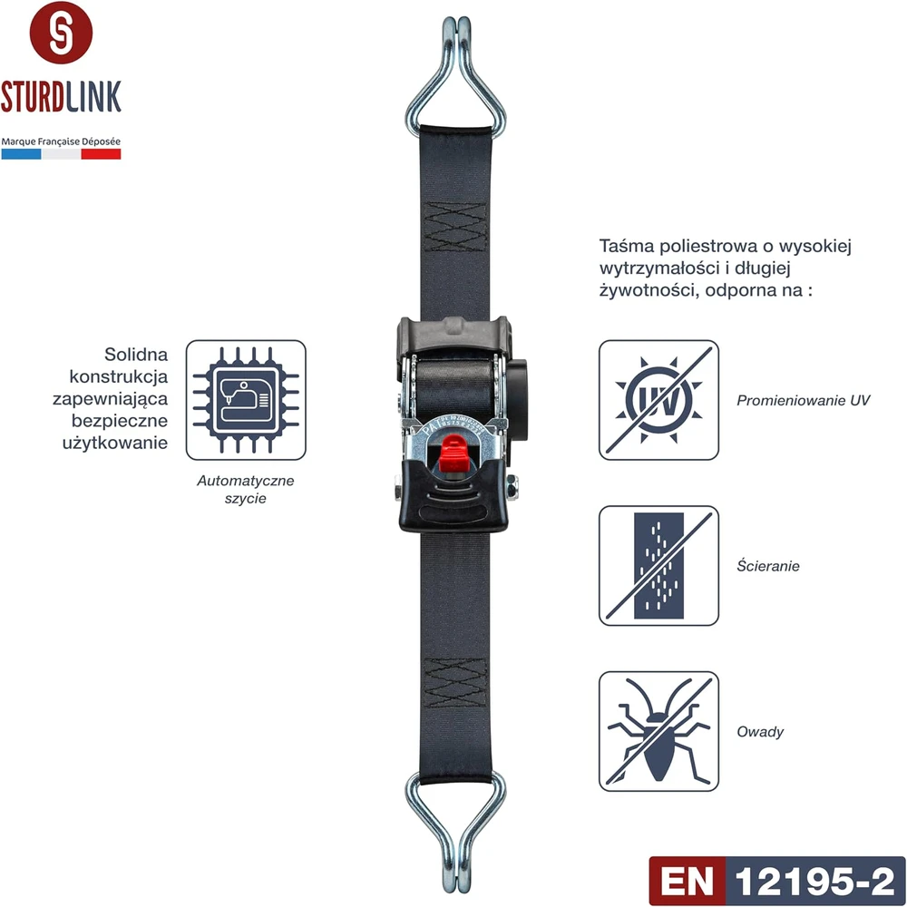 Sturdlink automatiškai susivyniojanti krovinių tvirtinimo juosta, 3 m, 50 mm pločio, 1500 kg, su plieniniais kabliais