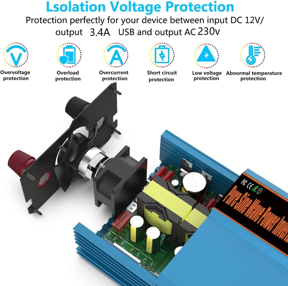 SUDOKEJI automobilinis įtampos keitiklis 12 V į 230 V, 1000 W, gryna sinusoidė FLAMEZUM