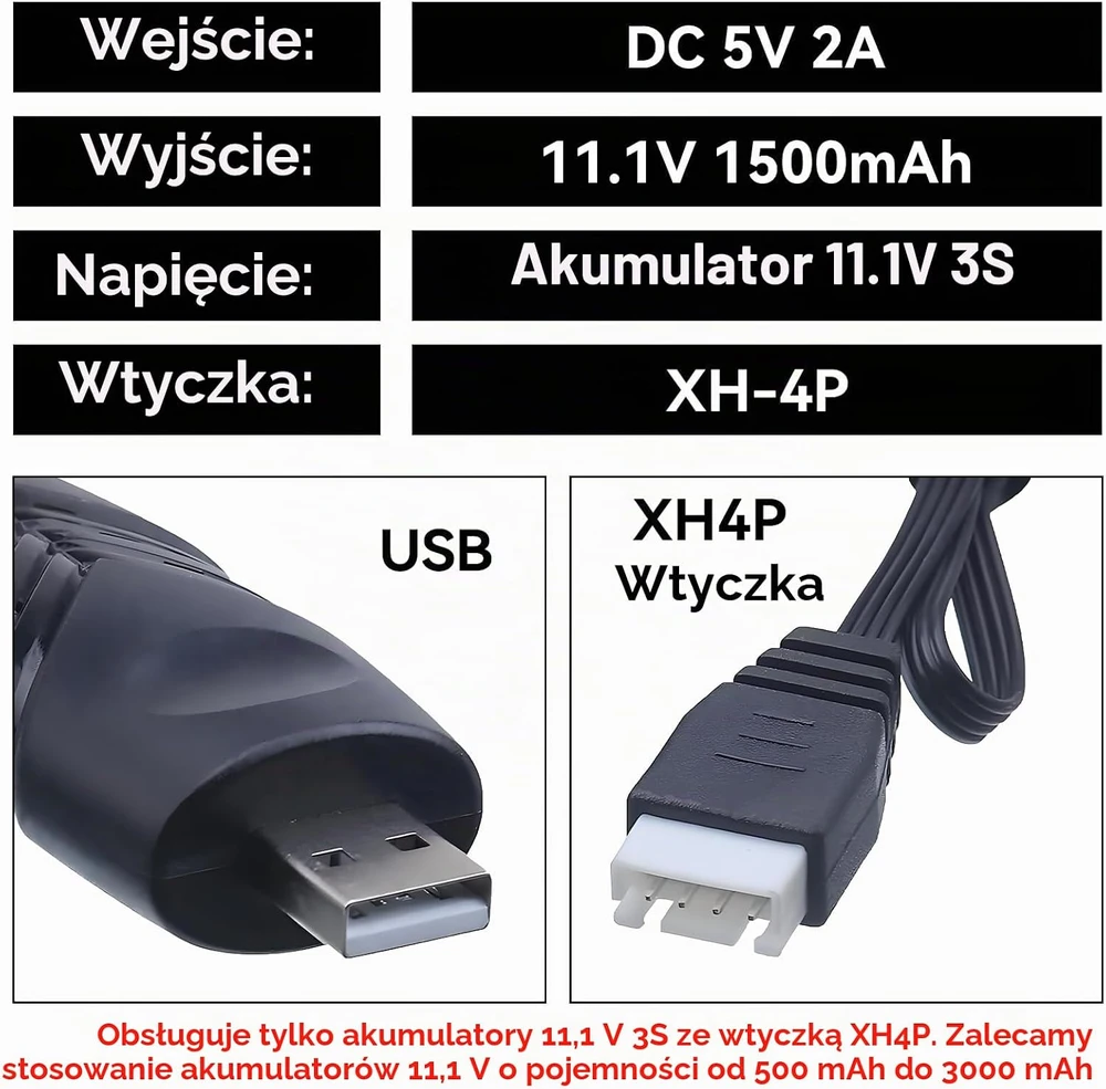 Sulčiaspaudė Tosiicop USB LiPo akumuliatorių įkrovimo laidas 11,1 V 1,5 A XH-4P, 2 vnt.