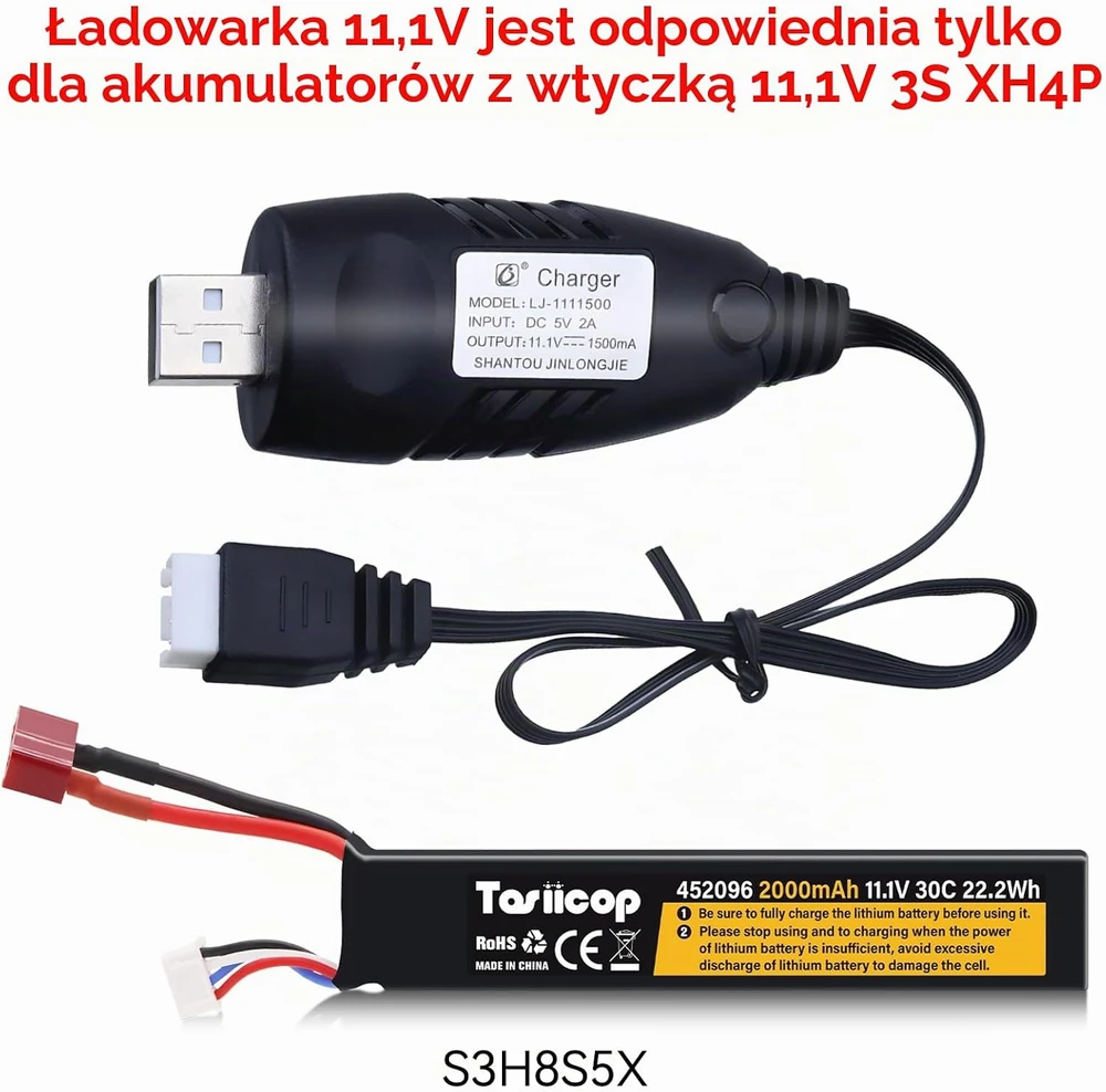 Sulčiaspaudė Tosiicop USB LiPo akumuliatorių įkrovimo laidas 11,1 V 1,5 A XH-4P, 2 vnt.