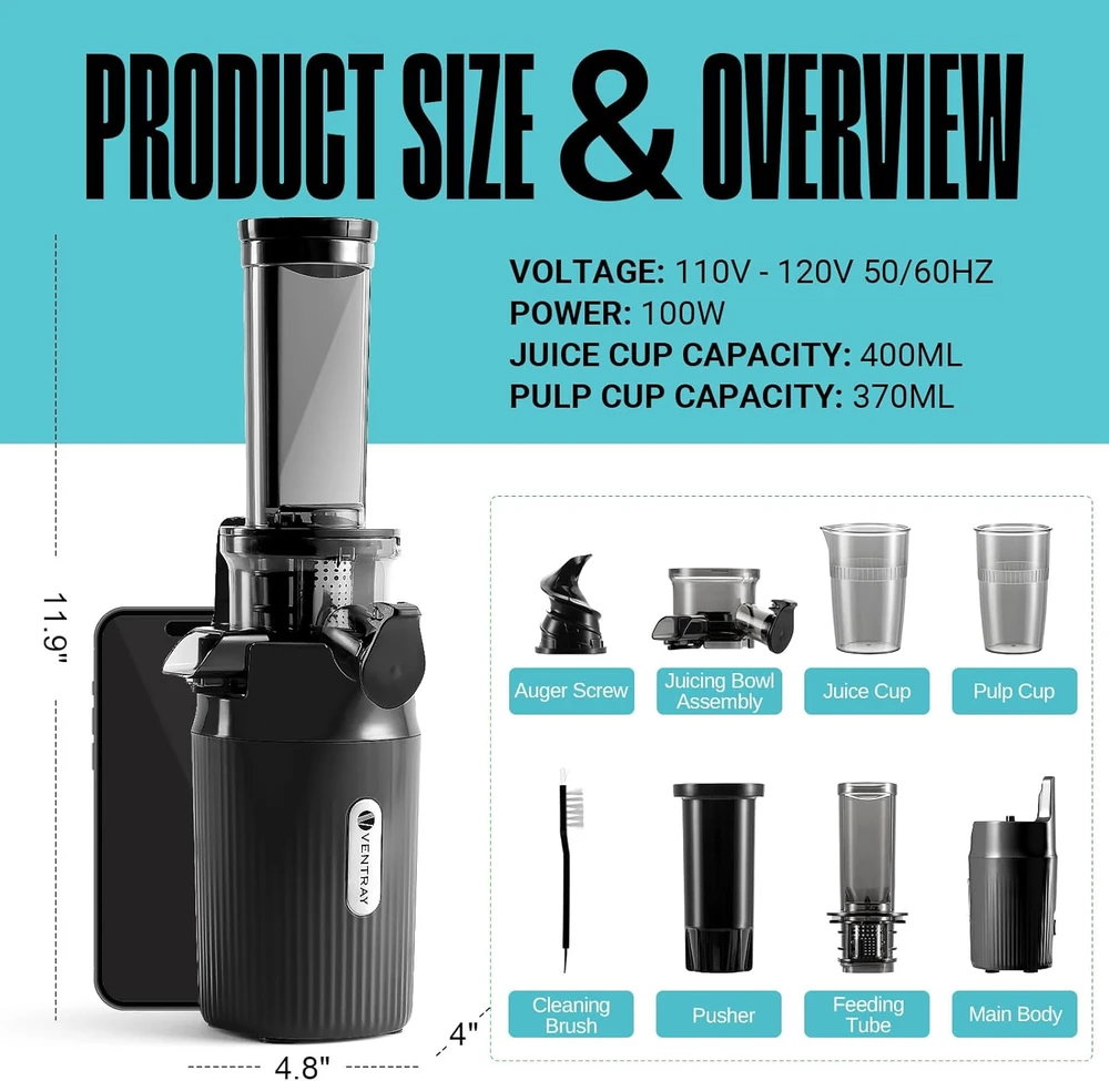 Sulčiaspaudė Ventray lėtaeigė sulčių spaudimo mašina, 100 W, 400 ml talpa, kompaktiška, Ginnie