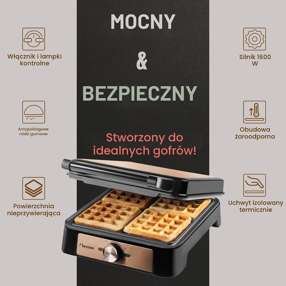Sumuštinių keptuvas Bestron belgiškų vaflių keptuvė 1600 W, 4 vafliams, reguliuojamas termostatas ASW1600CO