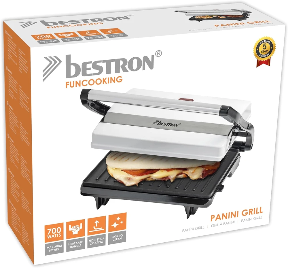 Bestron sumuštinių ir panini grilis 700 W su nelimpančiomis 22,5 × 14 cm plokštėmis APM123W