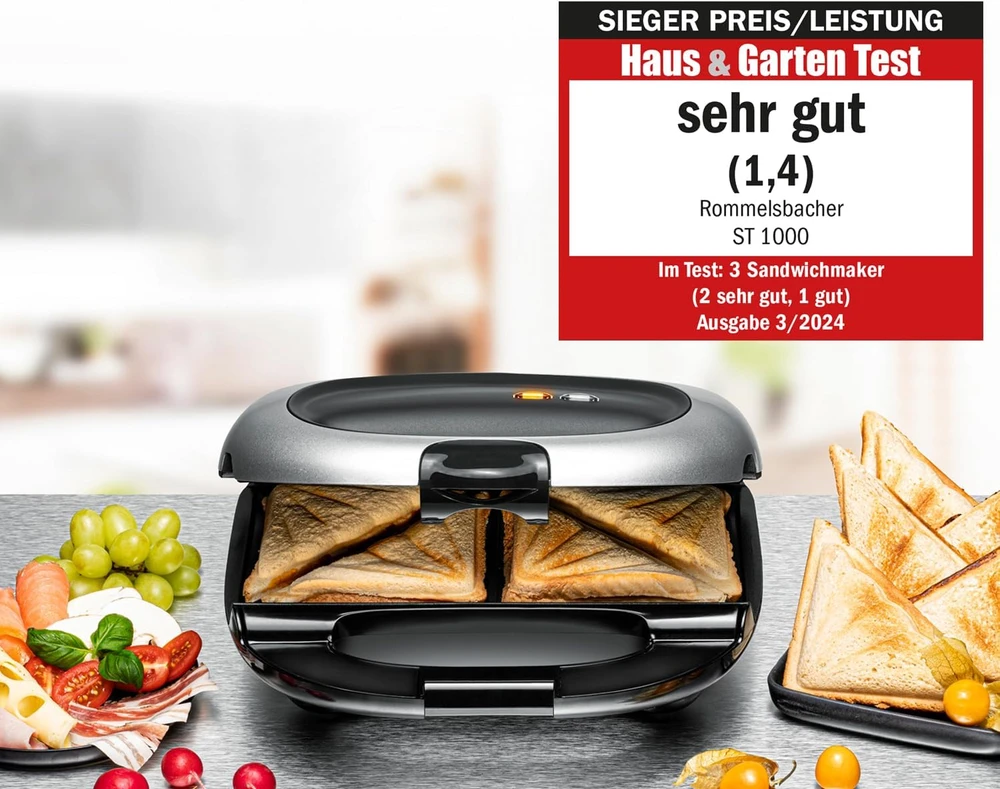 Sumuštinių keptuvas Rommelsbacher sumuštinių keptuvė ST 1000, 1000 W, 2 XL 12 × 12 cm sumuštiniams