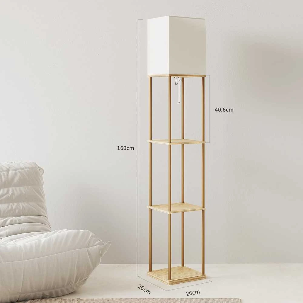 SUNMORY grindų lempa su lentynomis, LED 9 W, 3 spalvų temperatūros, E27, 160 cm, medžio ir metalo konstrukcija