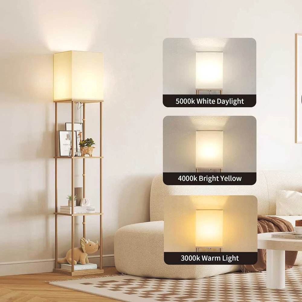 SUNMORY grindų lempa su lentynomis, LED 9 W, 3 spalvų temperatūros, E27, 160 cm, medžio ir metalo konstrukcija