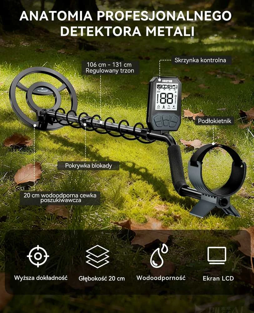 SUNPOW akumuliatorinis metalo detektorius su LCD ekranu, iki 20 val. veikimo, IP68 ritė, OT-MD17